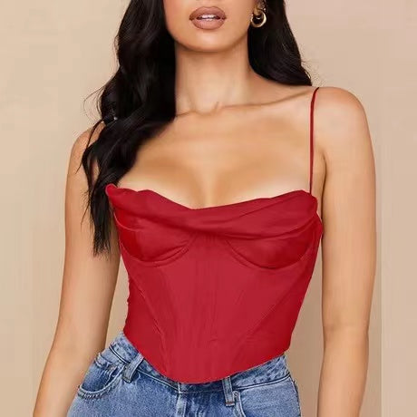 Satin herringbone corset top with pleated design