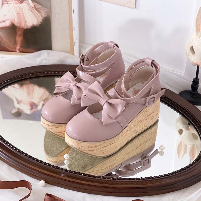 Wood Grain Ningyo Hime|White Tea Dream Original Bow Strappy Thick Sole Shoes