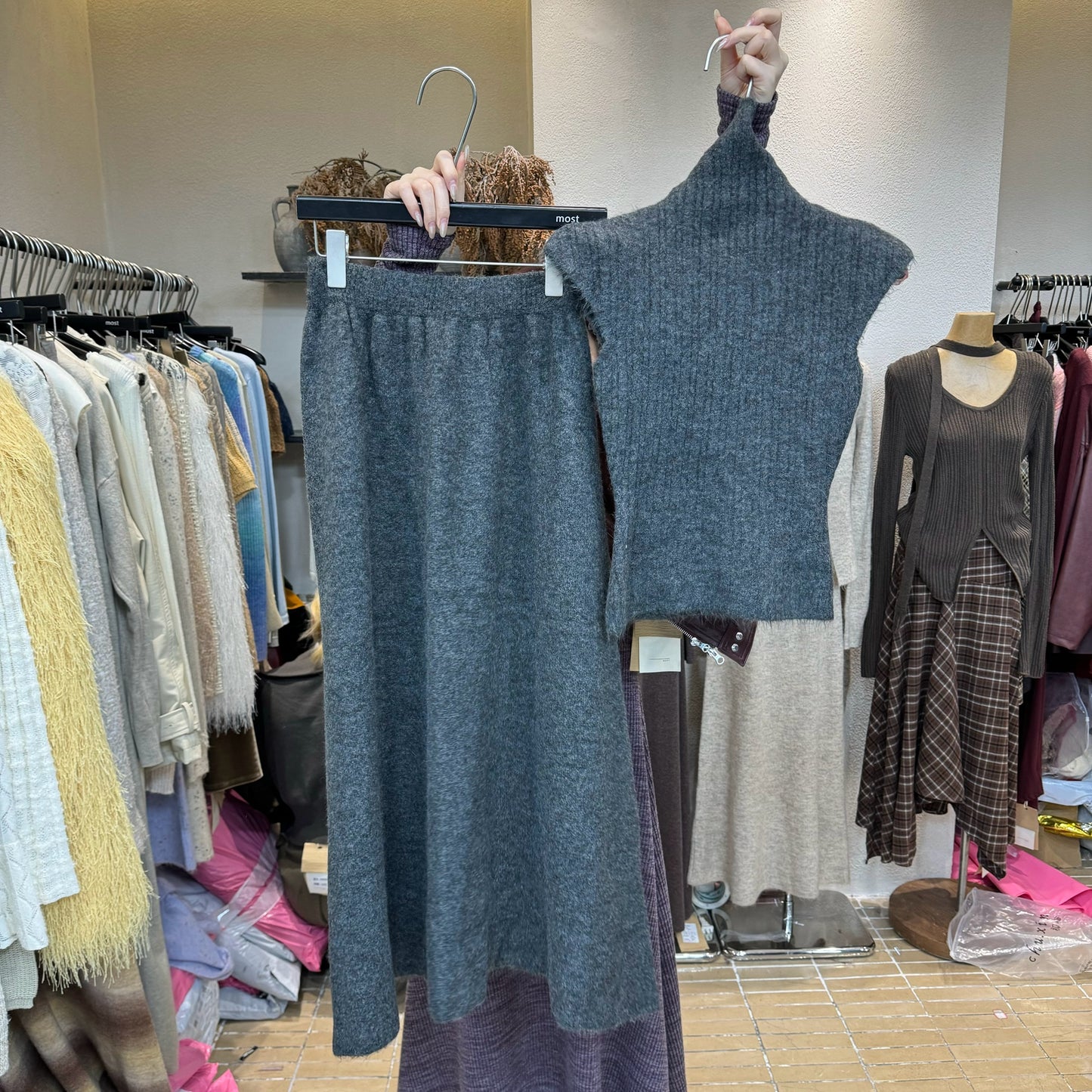Wool turtleneck top + skirt two-piece set
