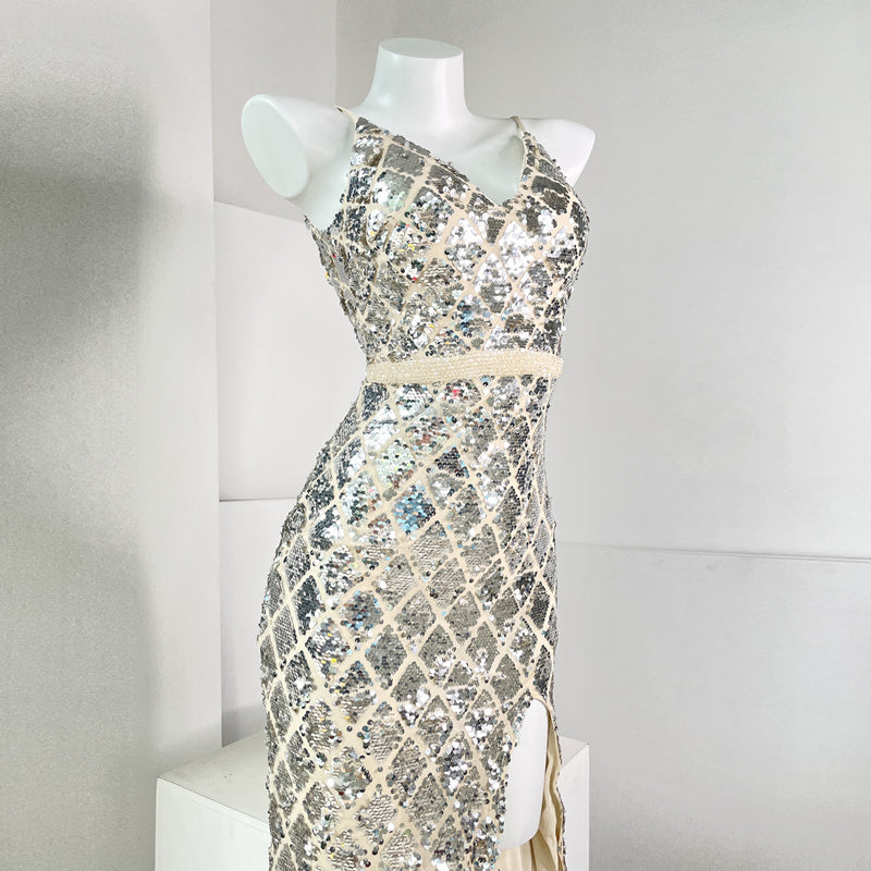 Aurora Symphony Sequin Party Dress Advanced Waist Slit Sling Dress