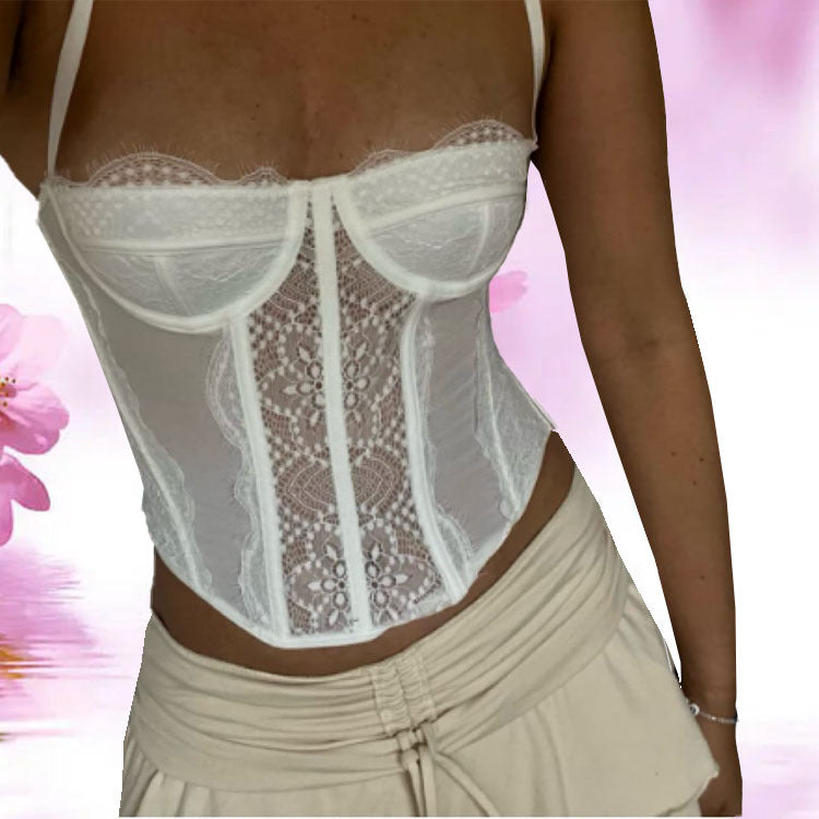 Hot girl lace embroidered fishbone suspender wear outside
