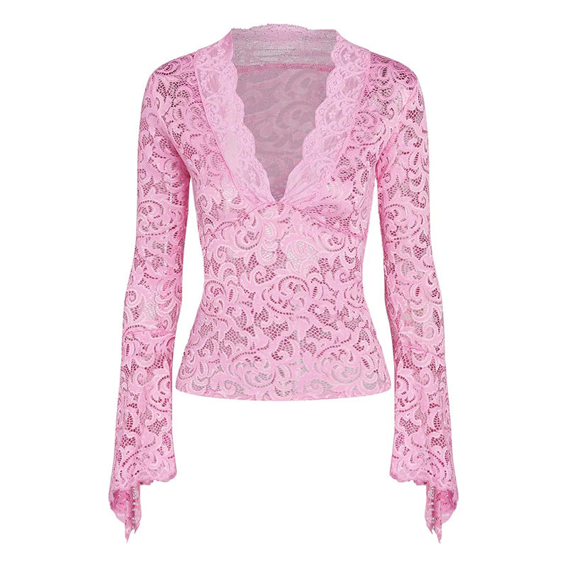 Slim fit lace V-neck see-through bell sleeve shirt