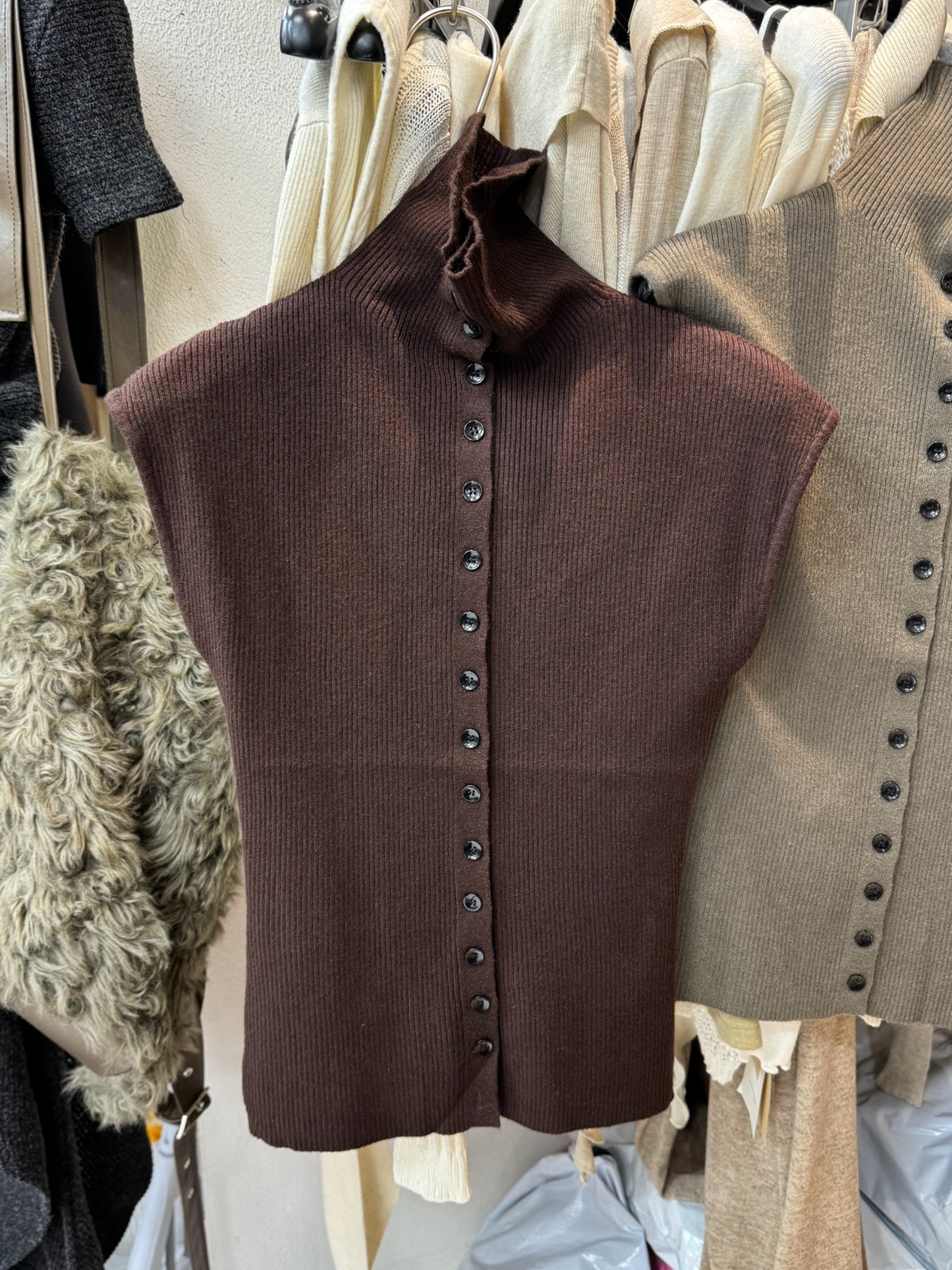 High Neck Single Breasted Knit Vest Top