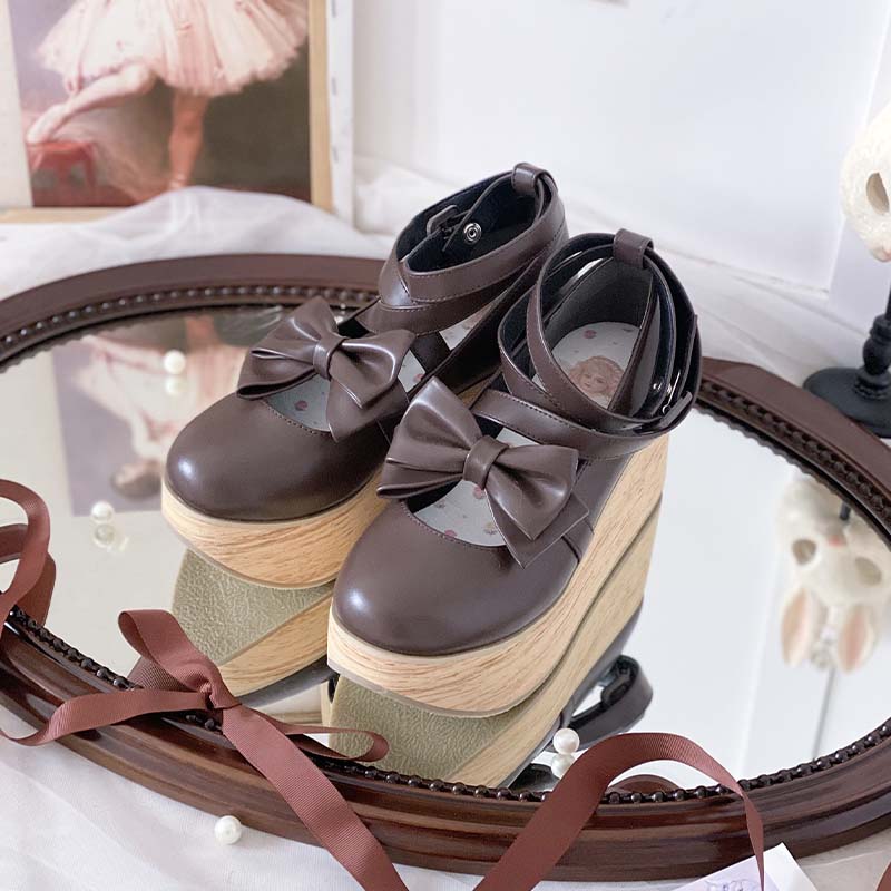 Wood Grain Ningyo Hime|White Tea Dream Original Bow Strappy Thick Sole Shoes