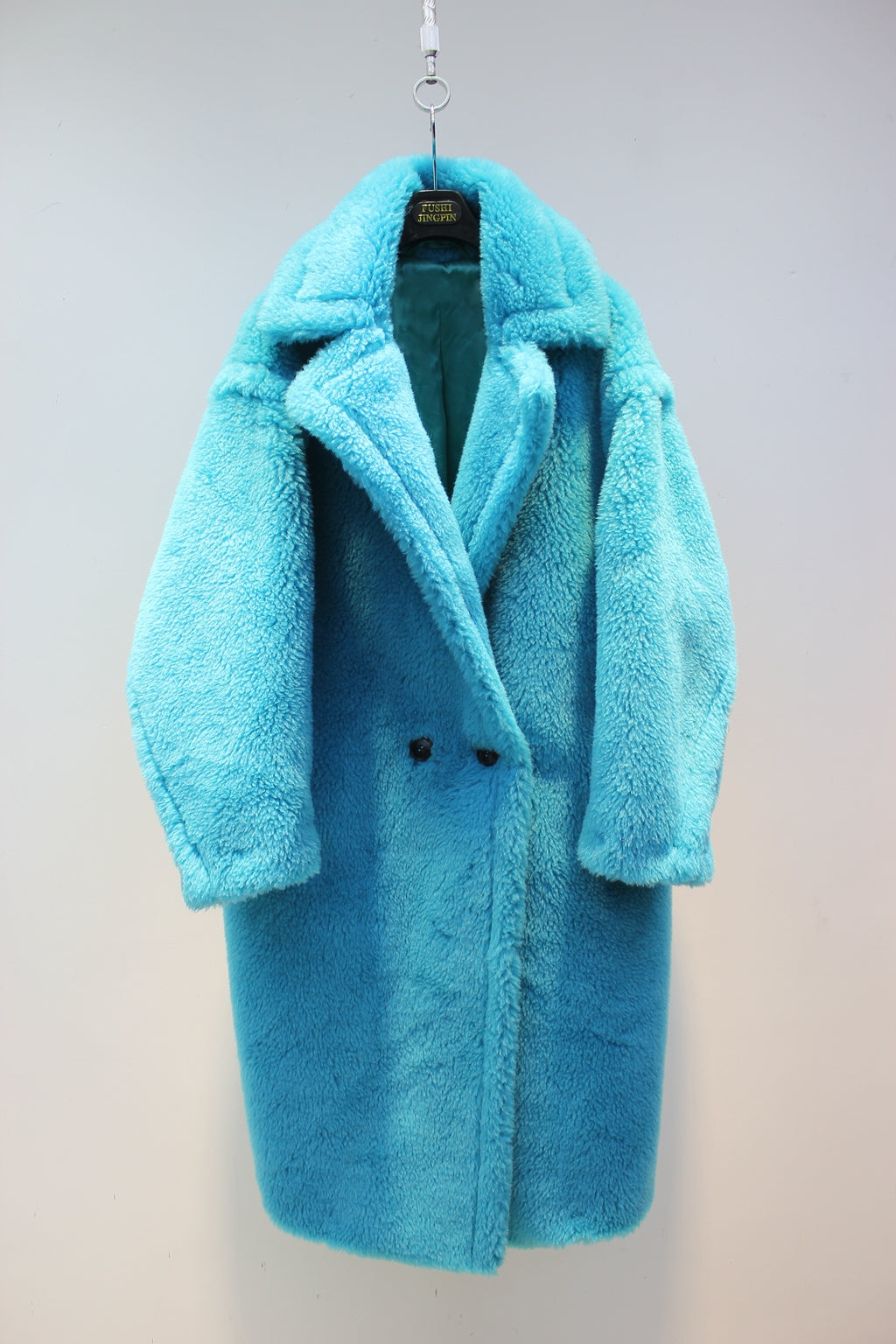 Grained wool shearling loose fit teddy coat mid-length