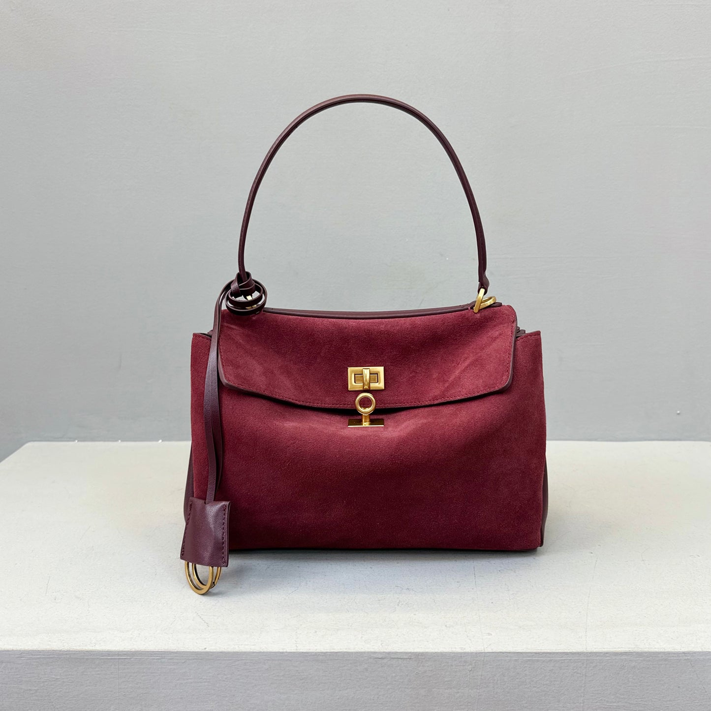 Suede stitching layered leather Kelly bag