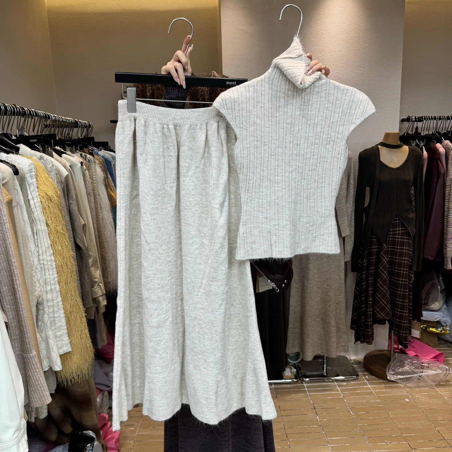 Wool turtleneck top + skirt two-piece set