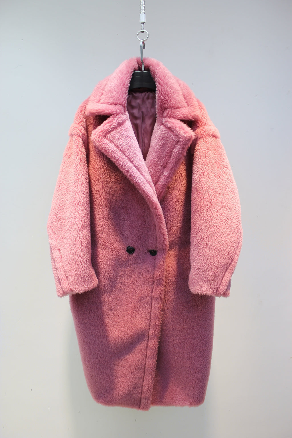 Grained wool shearling loose fit teddy coat mid-length