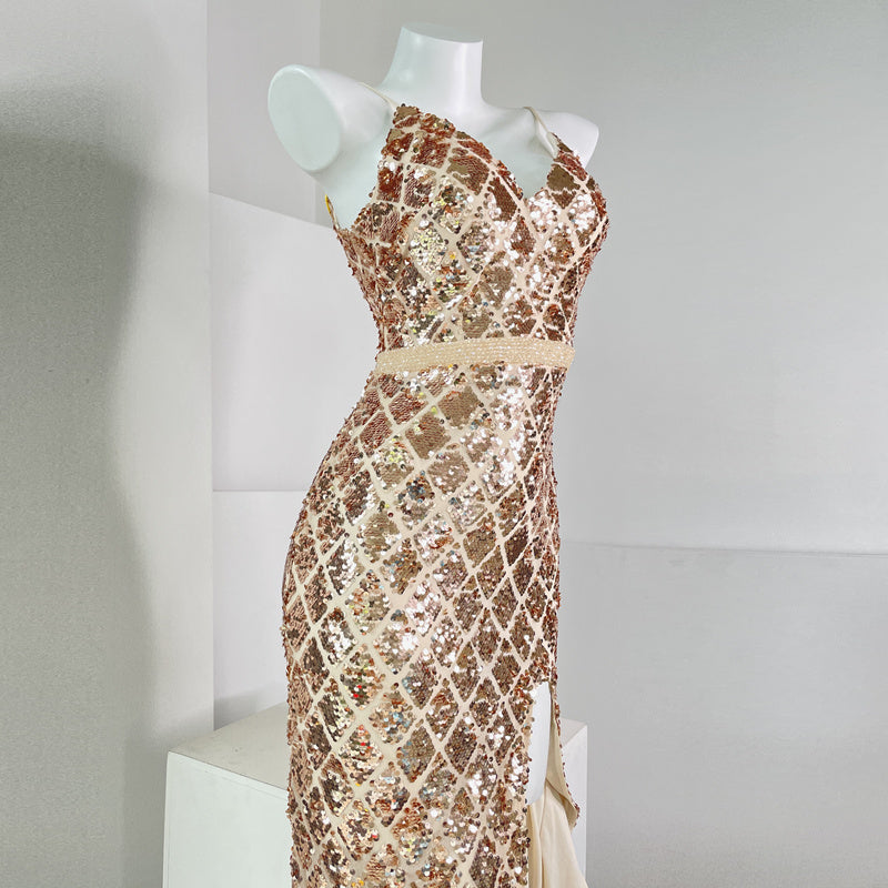 Aurora Symphony Sequin Party Dress Advanced Waist Slit Sling Dress