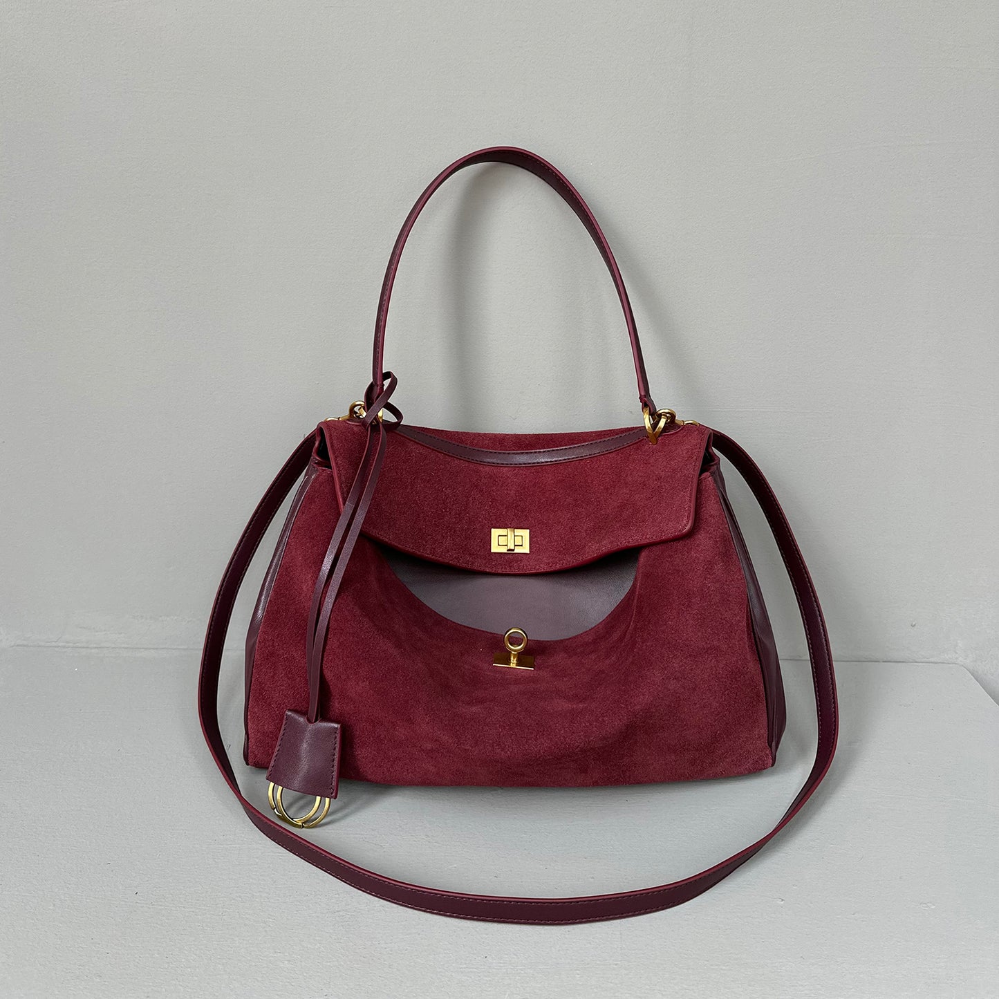 Suede stitching layered leather Kelly bag