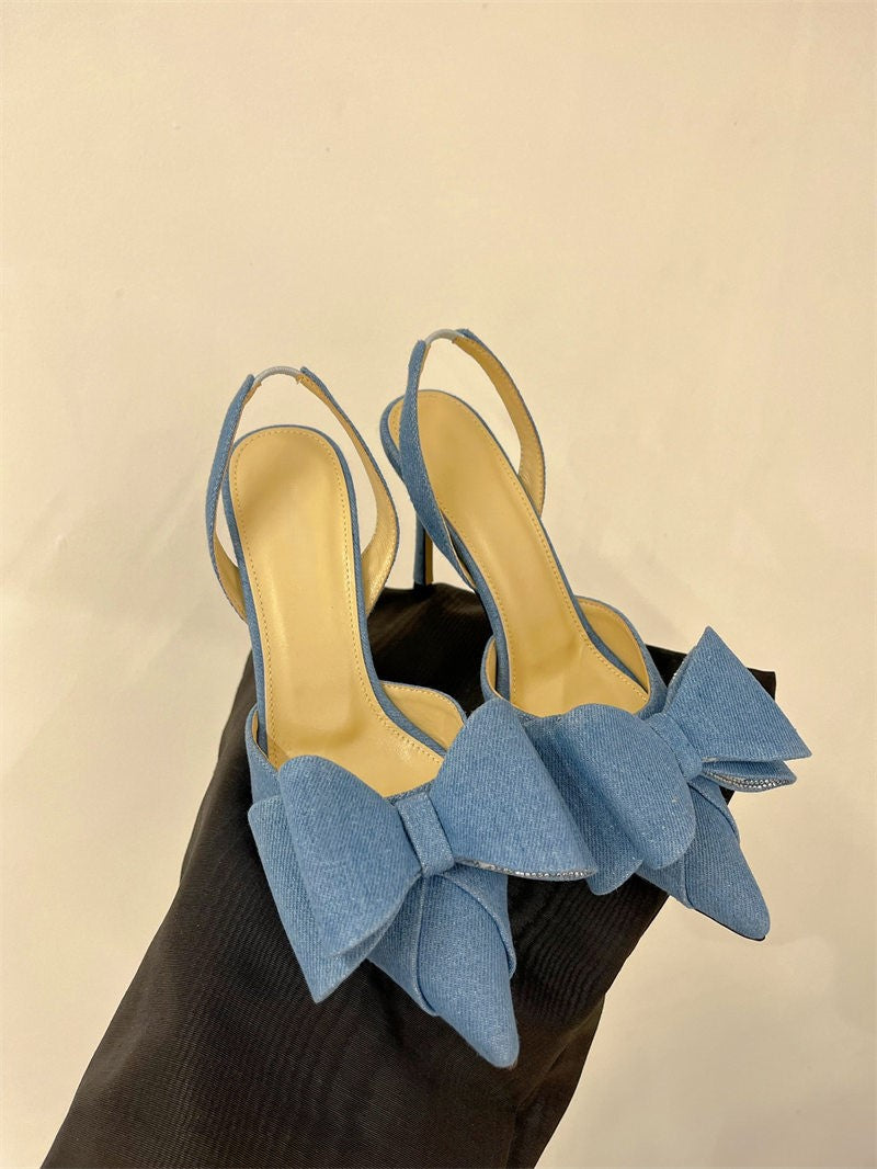 Bow high heels, rhinestone heart strap sandals