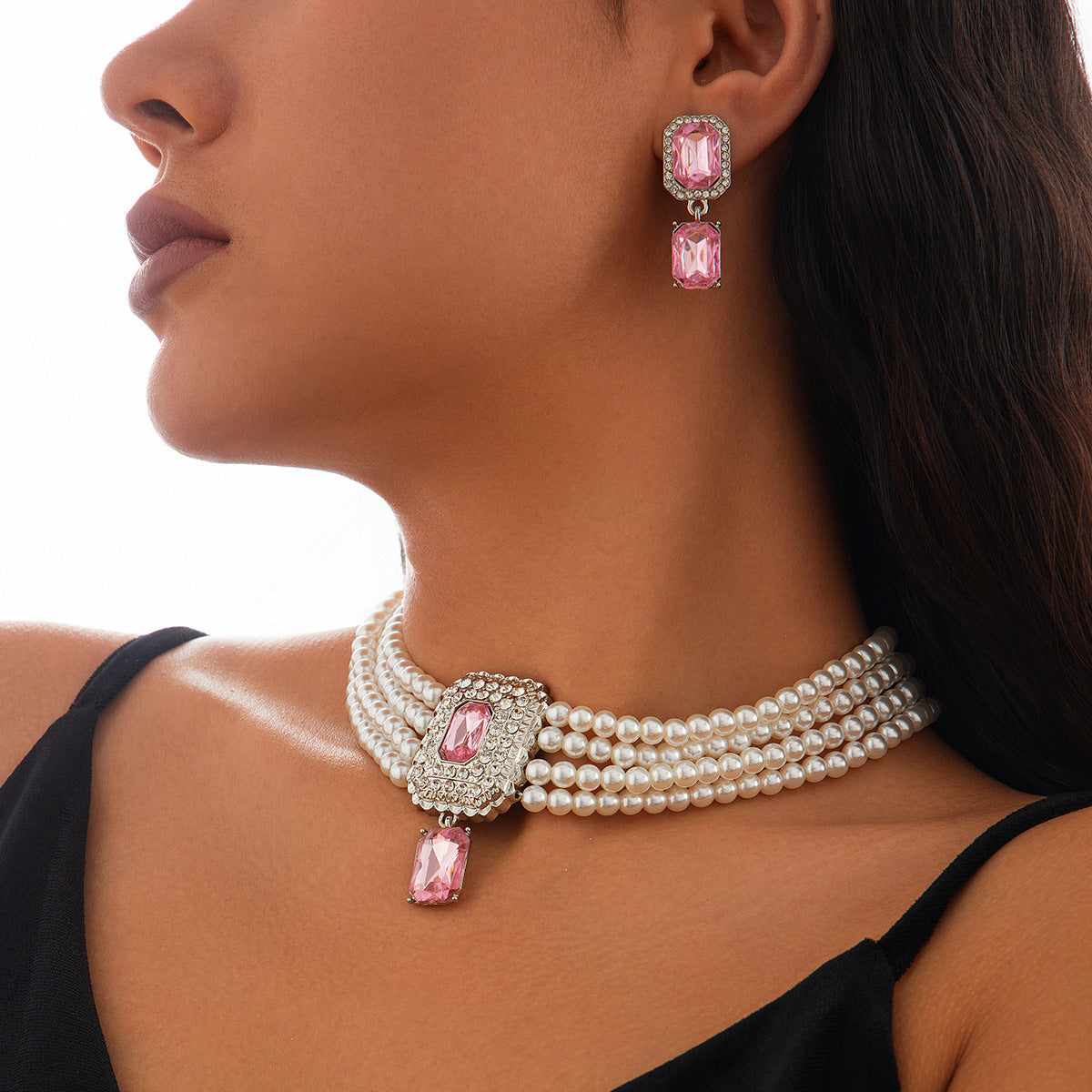 Retro square full diamond gemstone imitation pearl necklace