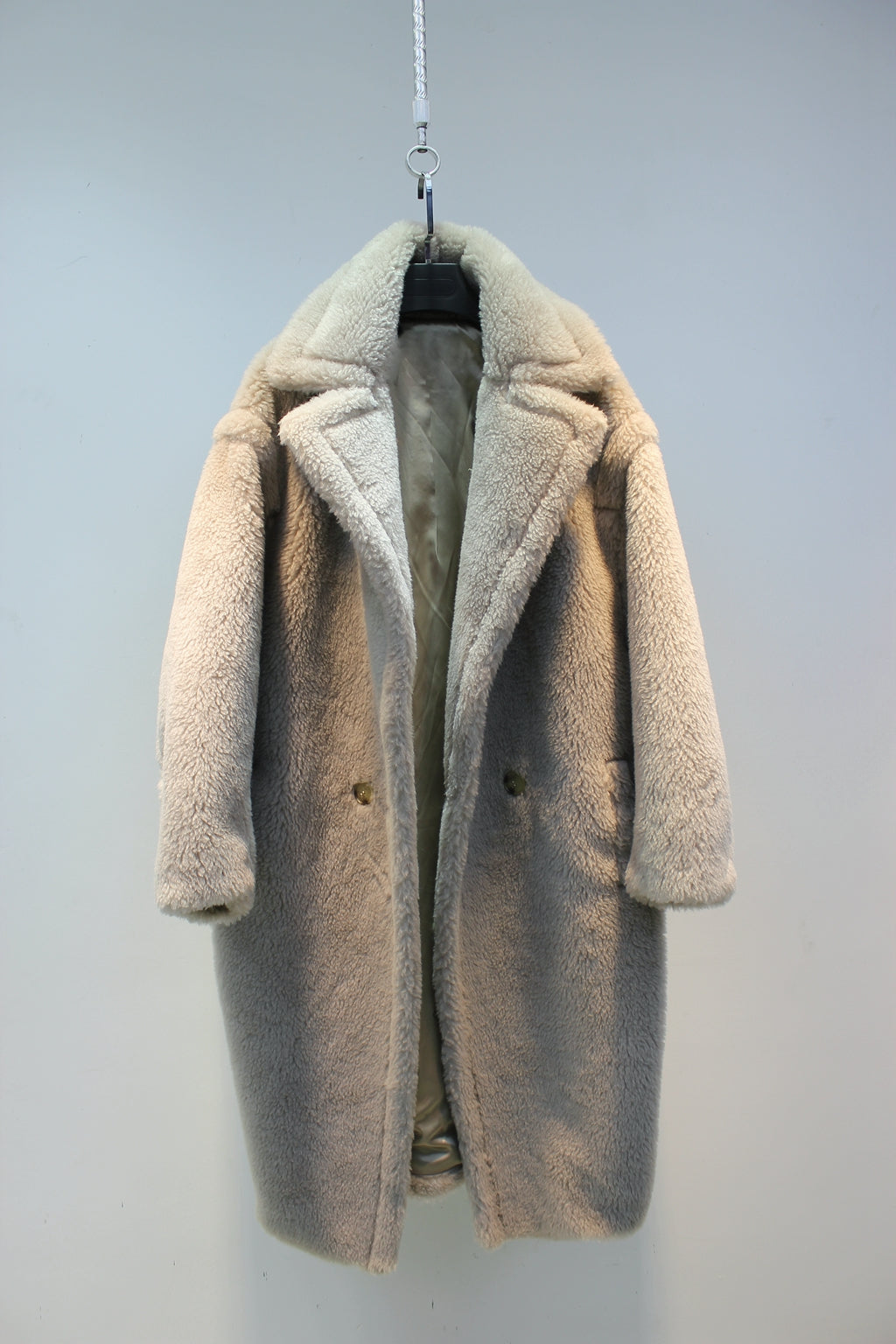 Grained wool shearling loose fit teddy coat mid-length