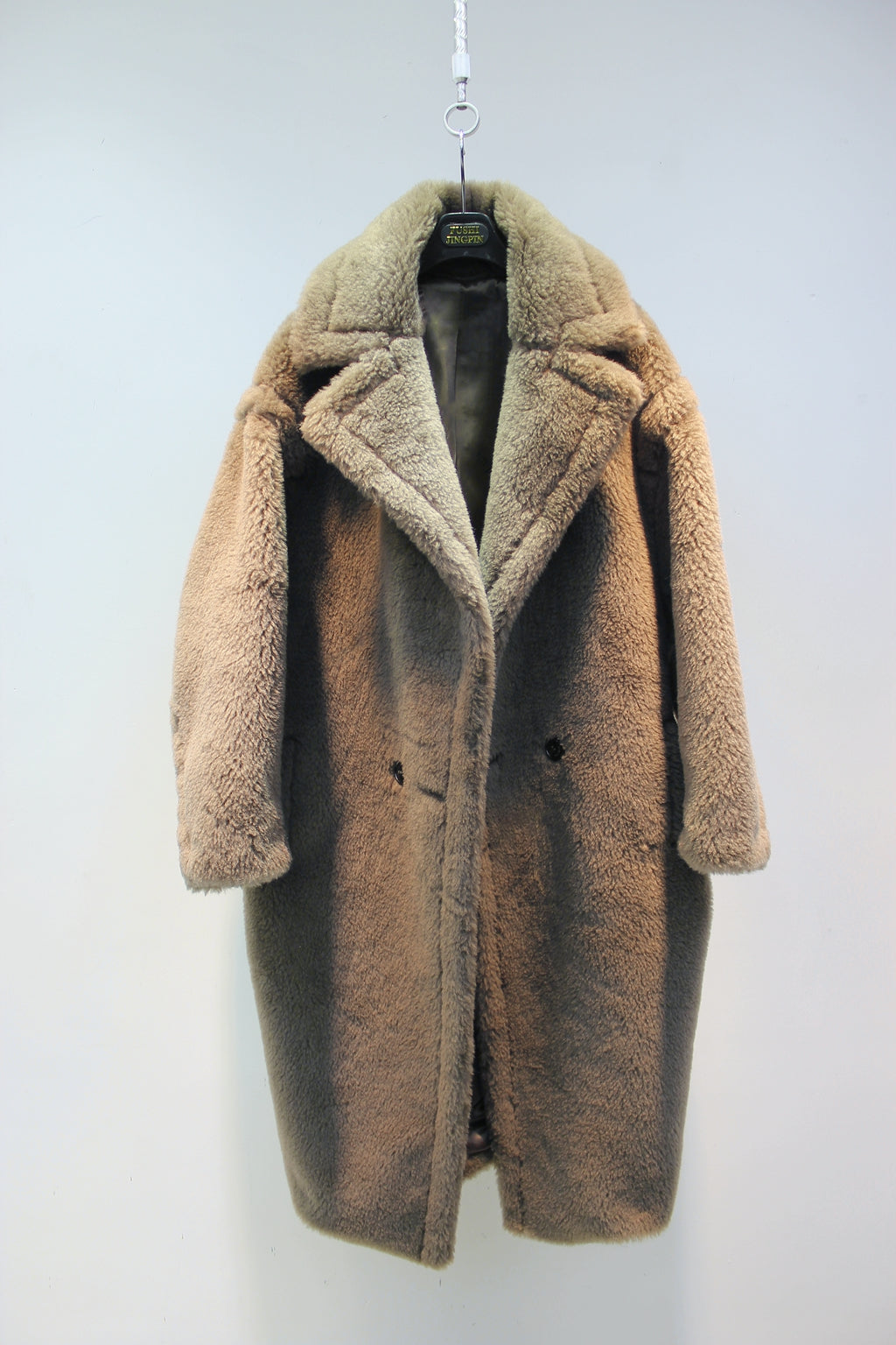 Grained wool shearling loose fit teddy coat mid-length
