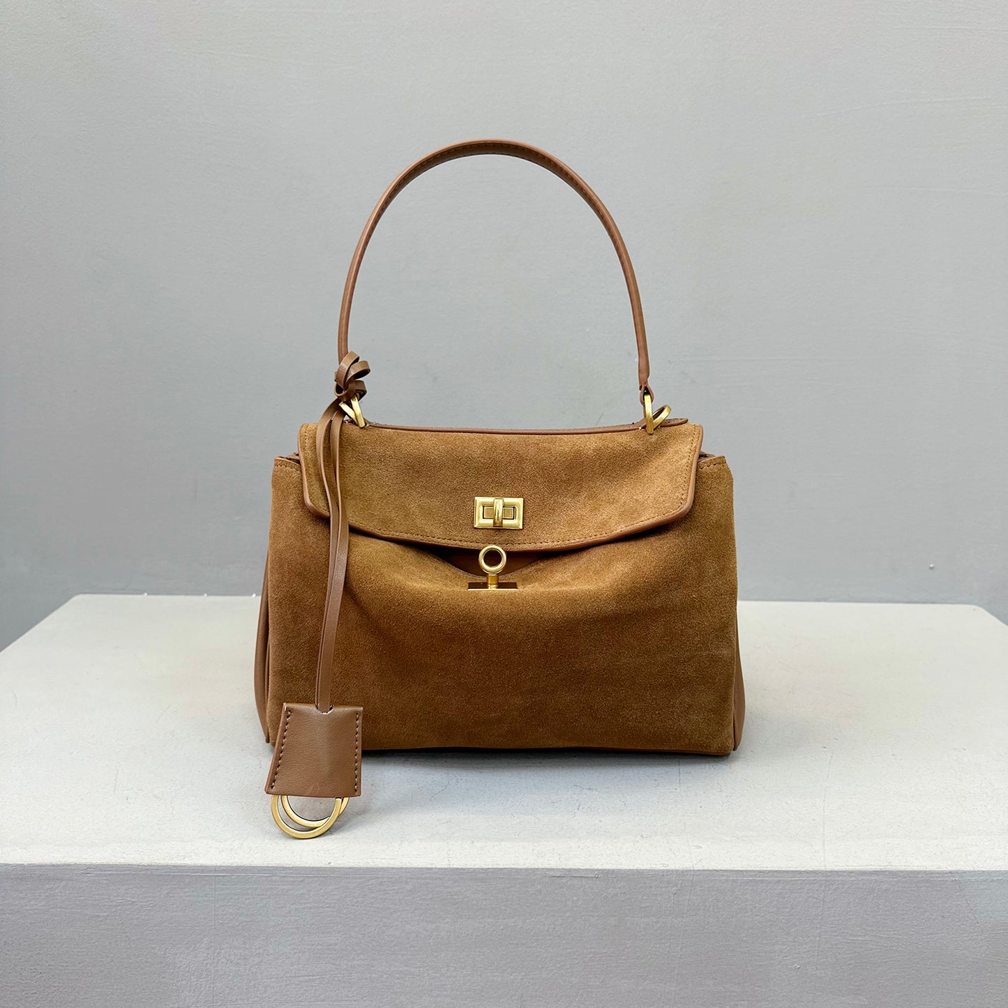 Suede stitching layered leather Kelly bag