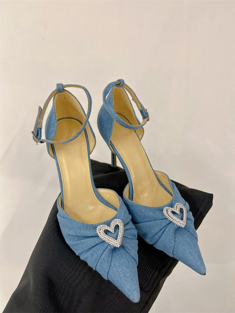 Bow high heels, rhinestone heart strap sandals
