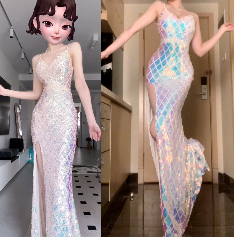 Aurora Symphony Sequin Party Dress Advanced Waist Slit Sling Dress