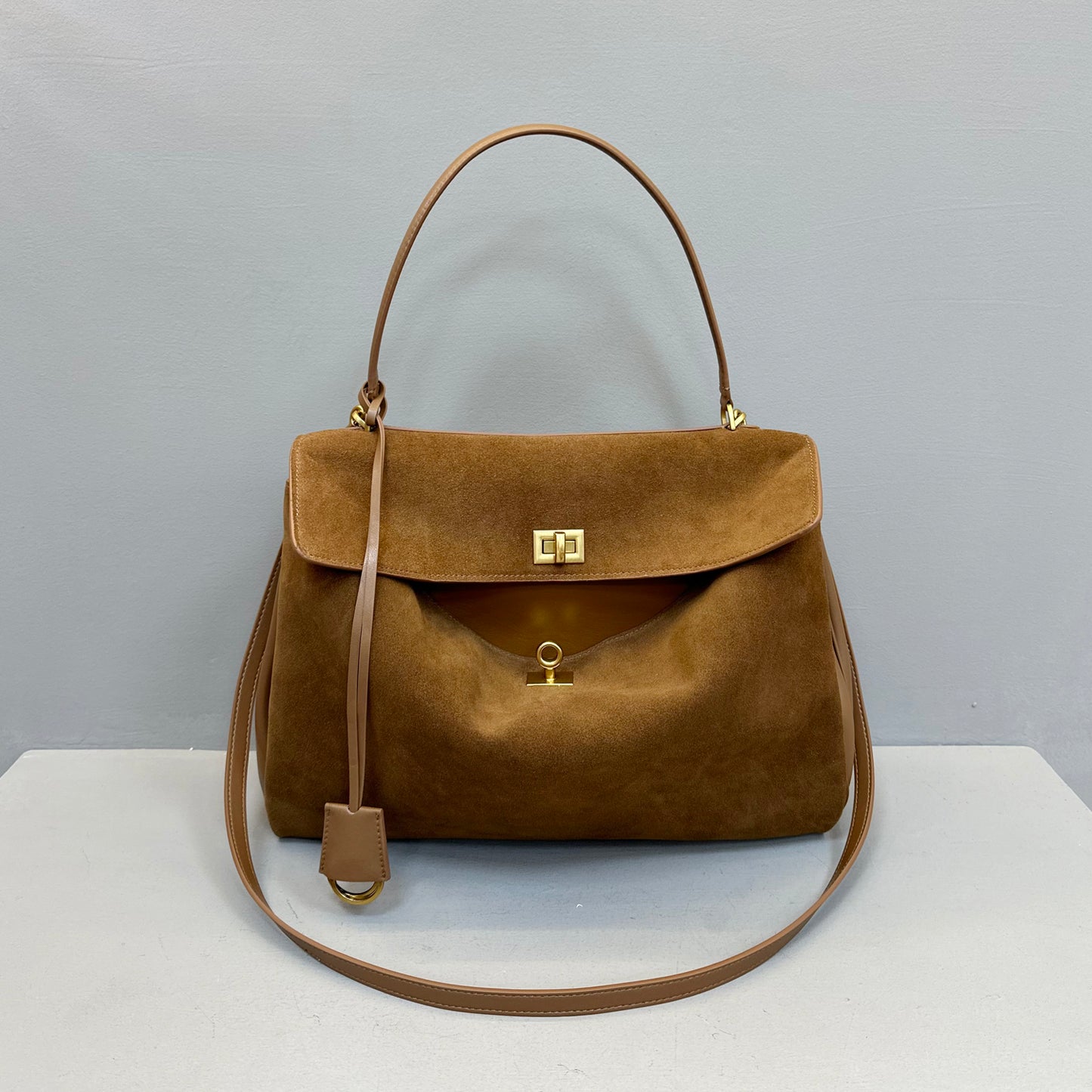 Suede stitching layered leather Kelly bag