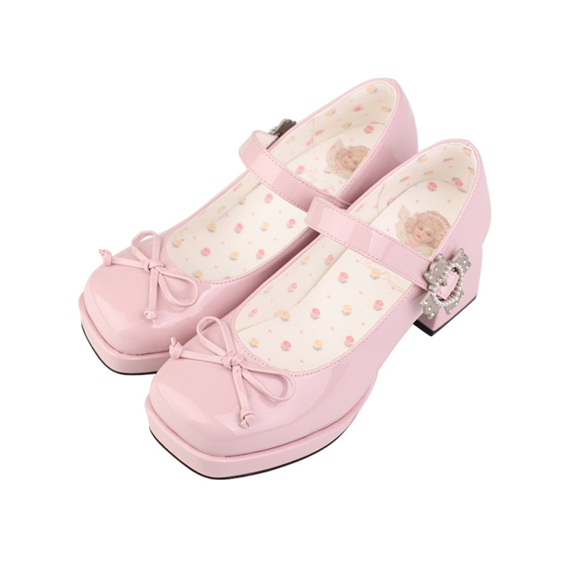 Patent leather square-toe Mary Jane bow mid-heels