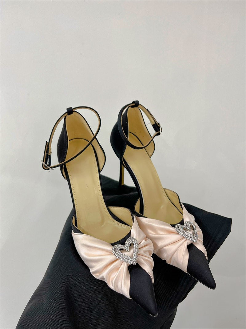 Bow high heels, rhinestone heart strap sandals