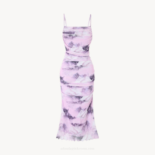 Printed Mesh Midi Dress