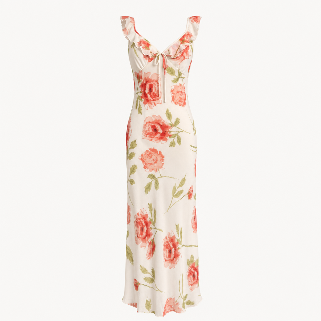 Rose Print Silk Midi Dress