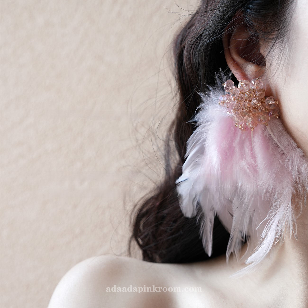 Feather pink long earrings earring ear clip
