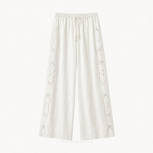 LACE LINEN WIDE-LEG TROUSERS