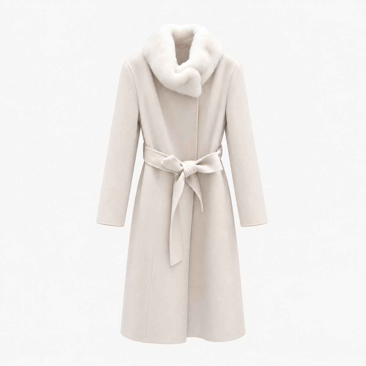 Ivory Mink Fur Collar Belted Long Coat - Ivory