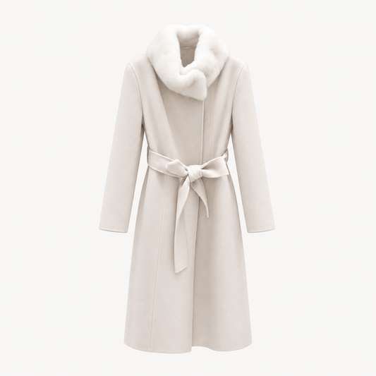 Ivory Mink Fur Collar Belted Long Coat - Ivory