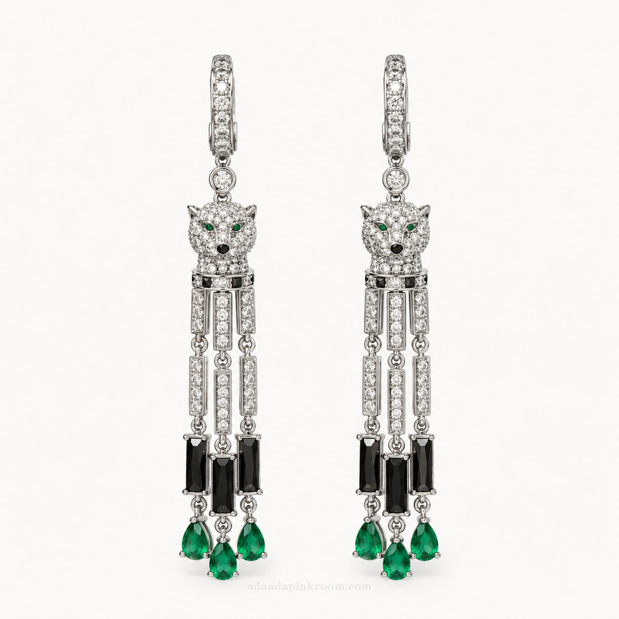 Silver Panther Crystal Drop Earrings