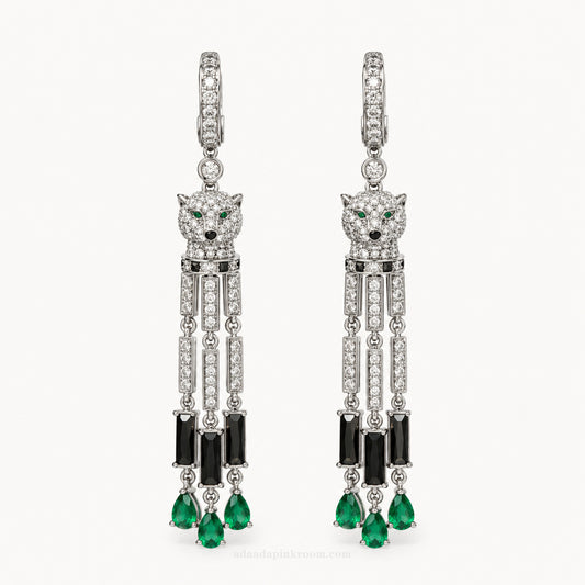 Silver Panther Crystal Drop Earrings