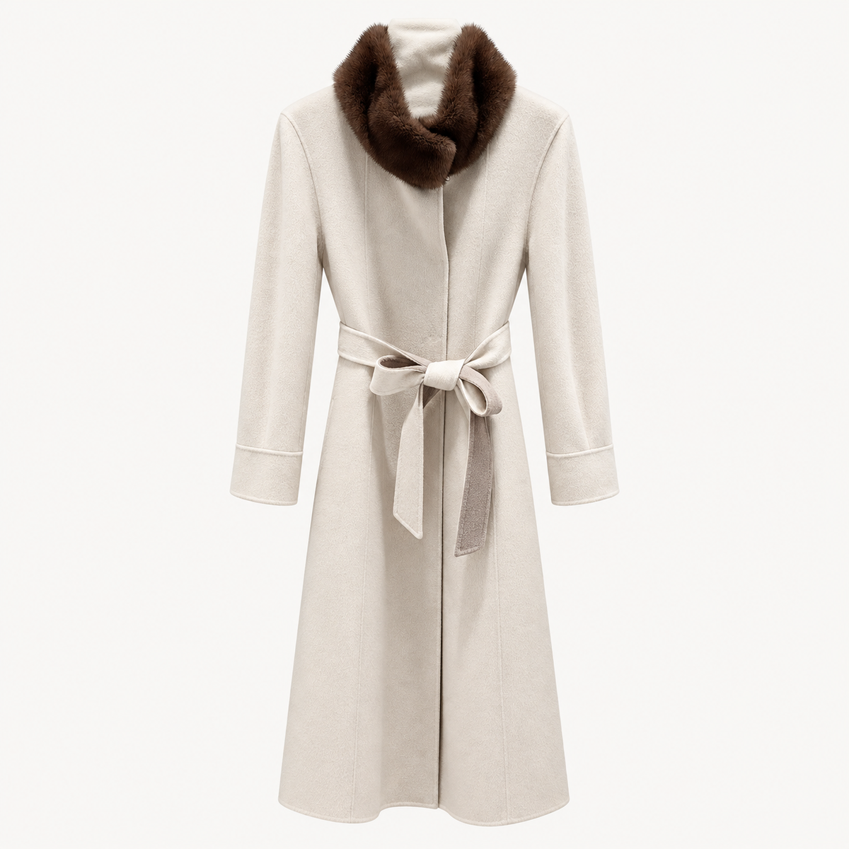 Ivory Mink Fur Collar Belted Long Coat - Dark Brown