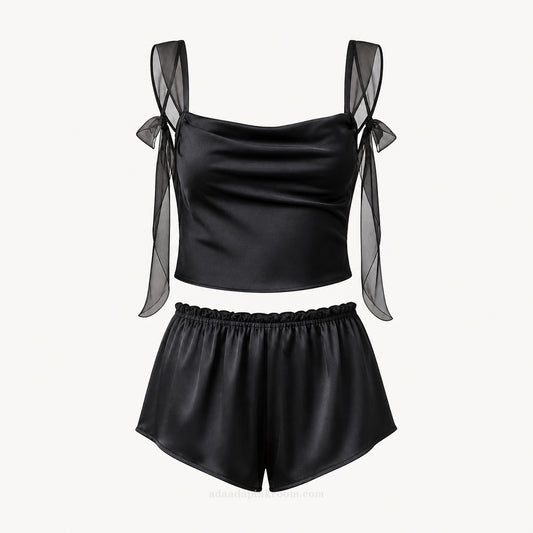 Satin Pajama Set with Organza Ties