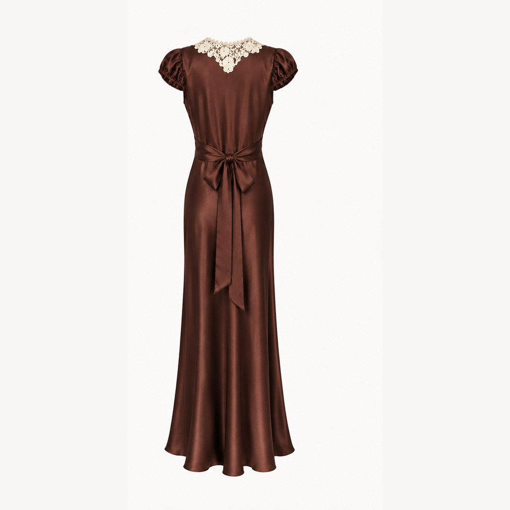 Cocoa Lace Trim Silk Maxi Dress