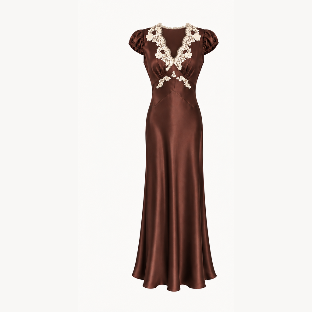 Cocoa Lace Trim Silk Maxi Dress