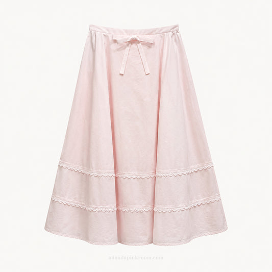 Pink Lace Trim Midi Skirt