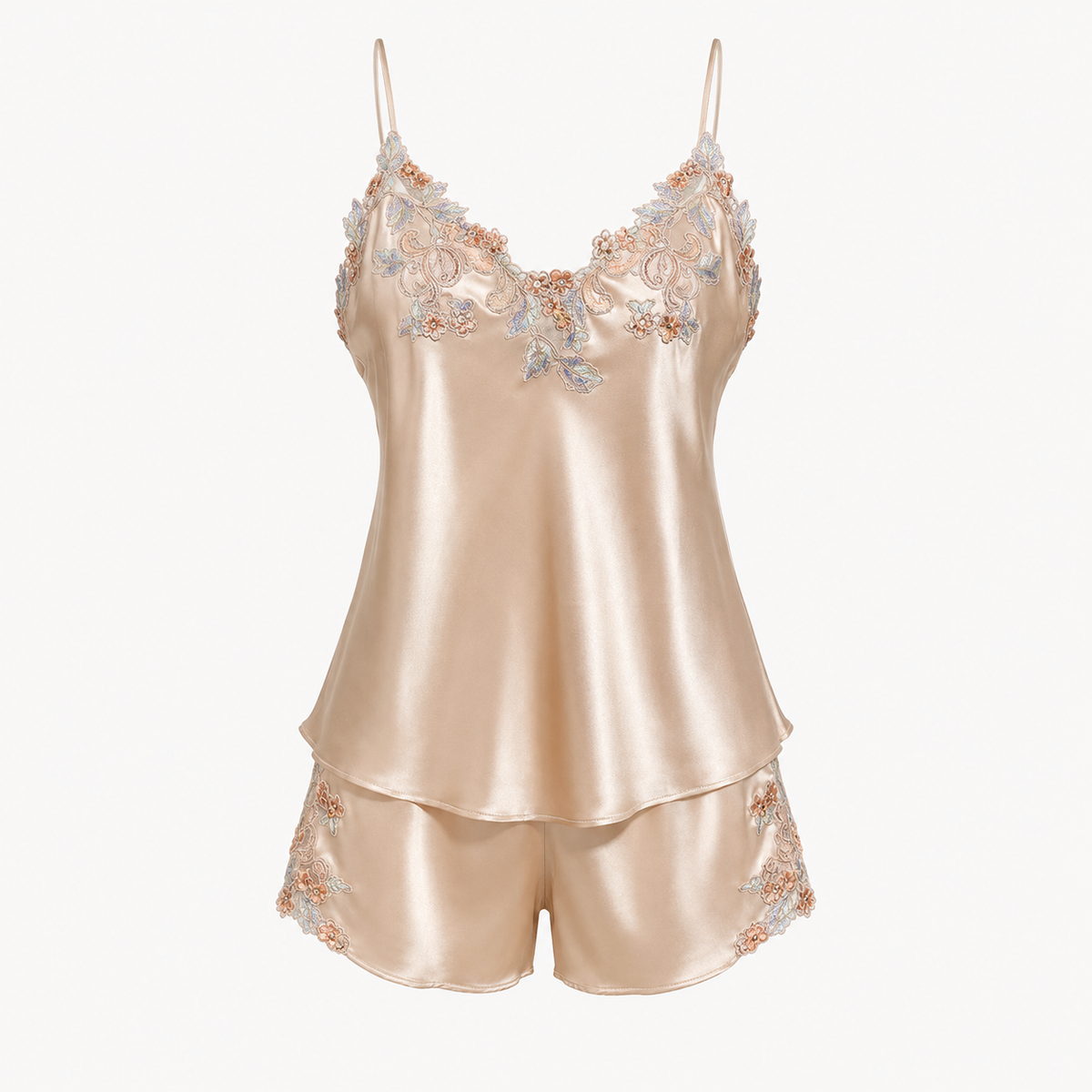 Camellia Embroidered Pajama Set - Champagne