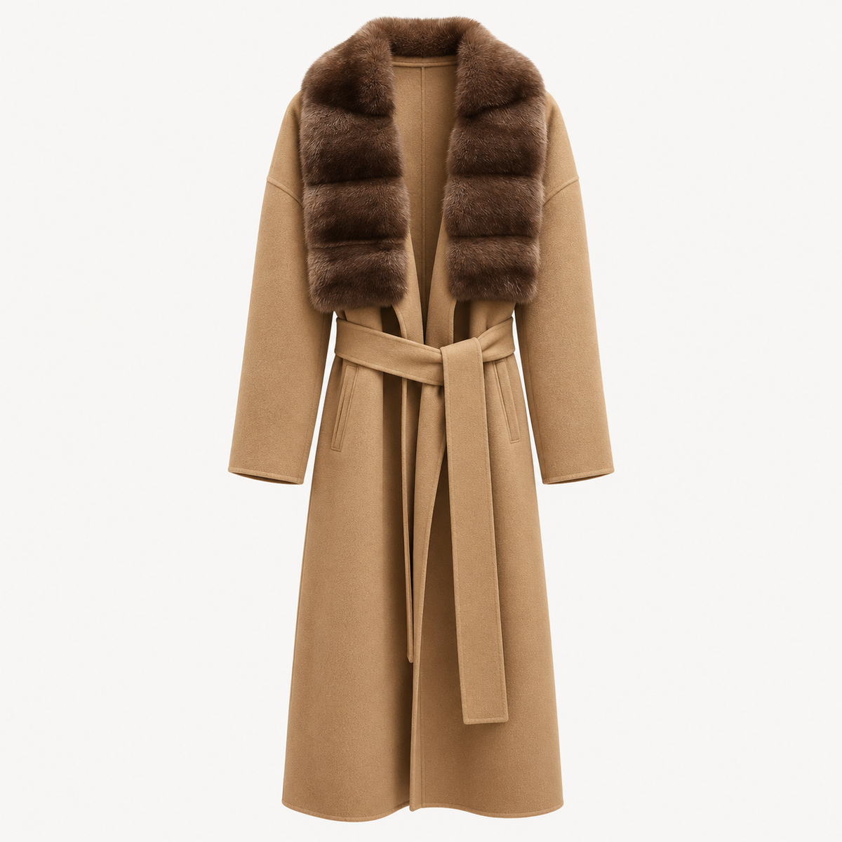 Ivory Cashmere Mink Fur Collar Long Coat - Ivory