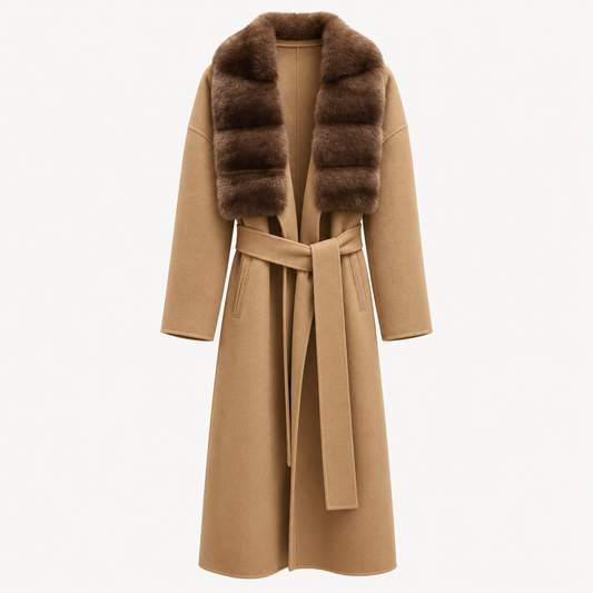 Ivory Cashmere Mink Fur Collar Long Coat - Ivory