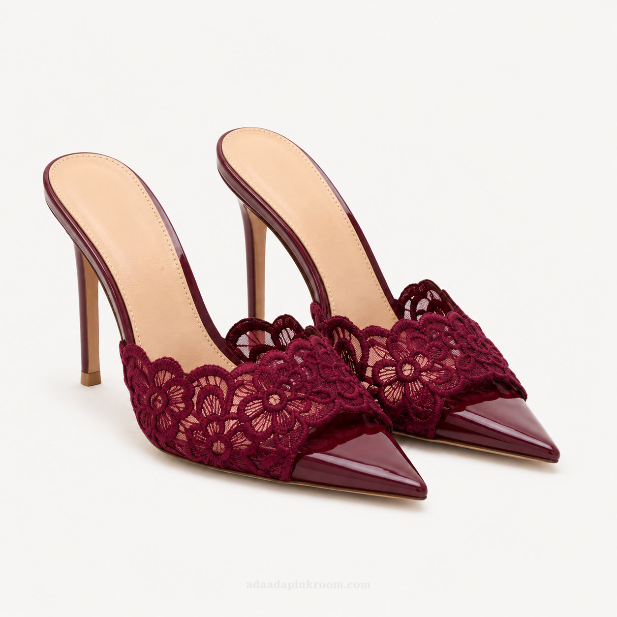 Burgundy Lace Pointed Toe Mule Heels