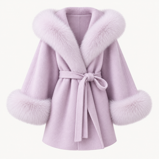 Fox Fur Trim Wool Coat - Lilac