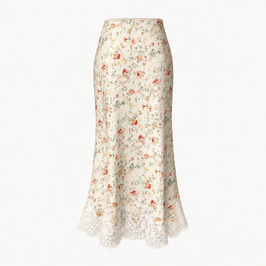 Primrose Floral Lace-Hem Midi Skirt