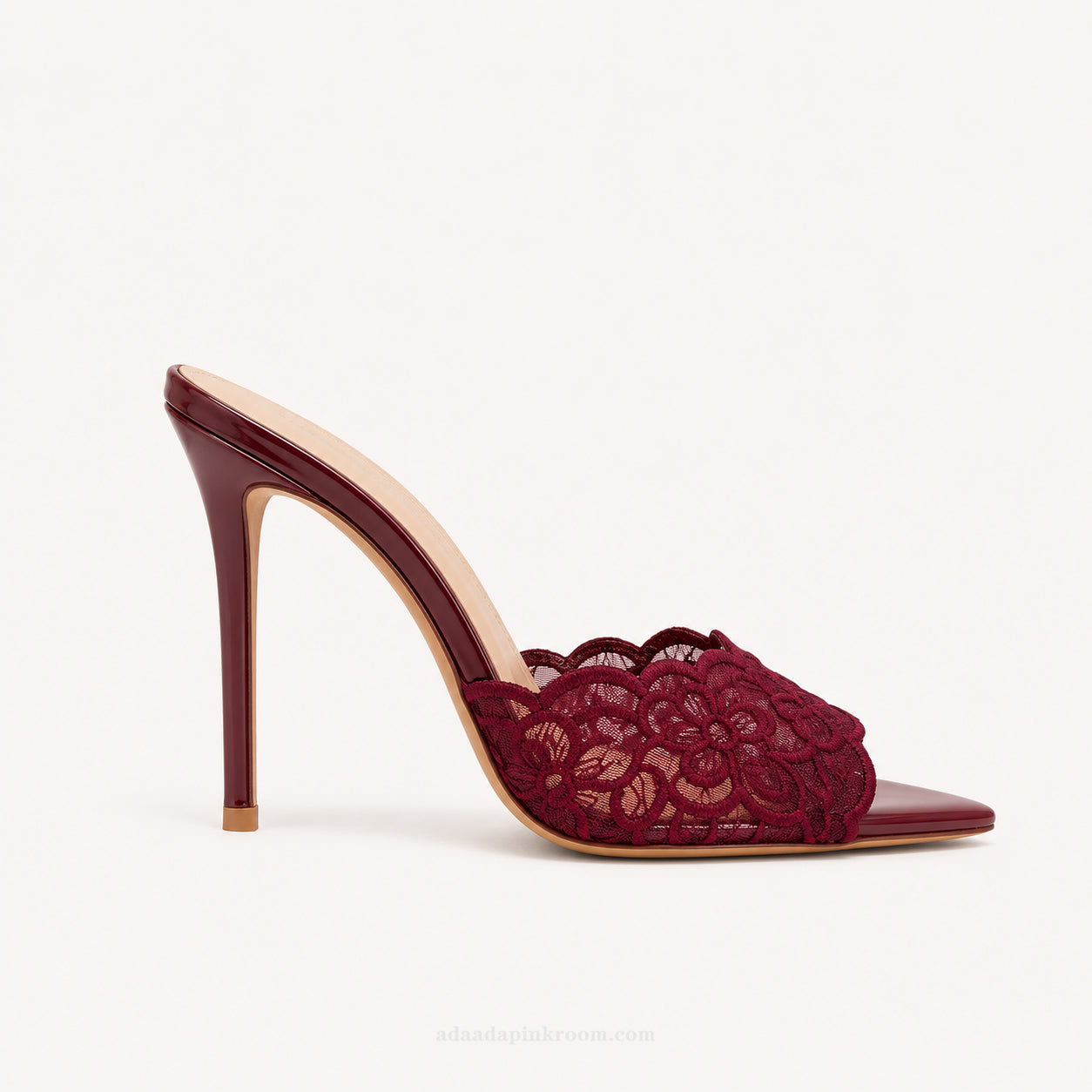 Burgundy Lace Pointed Toe Mule Heels