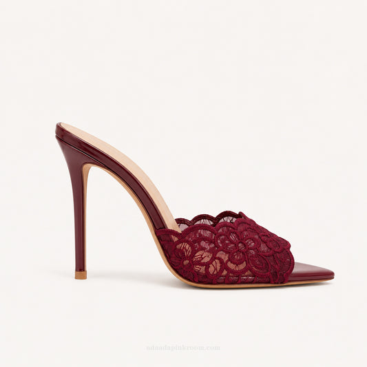 Burgundy Lace Pointed Toe Mule Heels