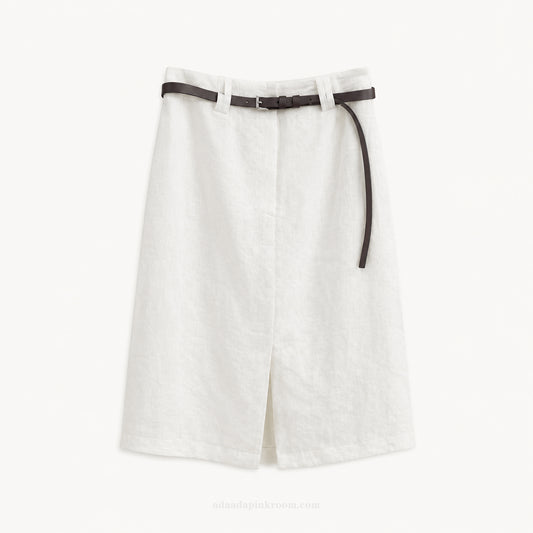 Belted Linen-Look Midi Skirt