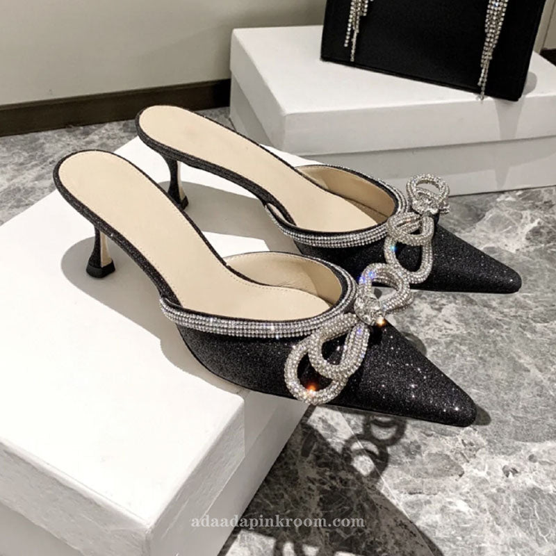 Polarized bow rhinestone high heels