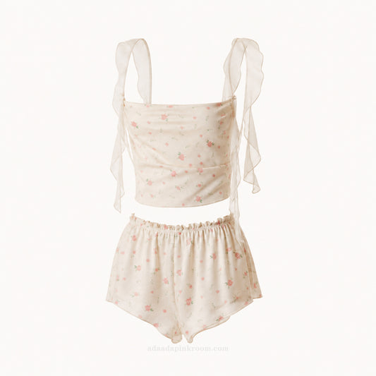 Floral Organza-Tie Pajama Set