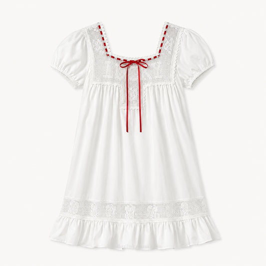 RED BOW EMBROIDERED MINI DRESS