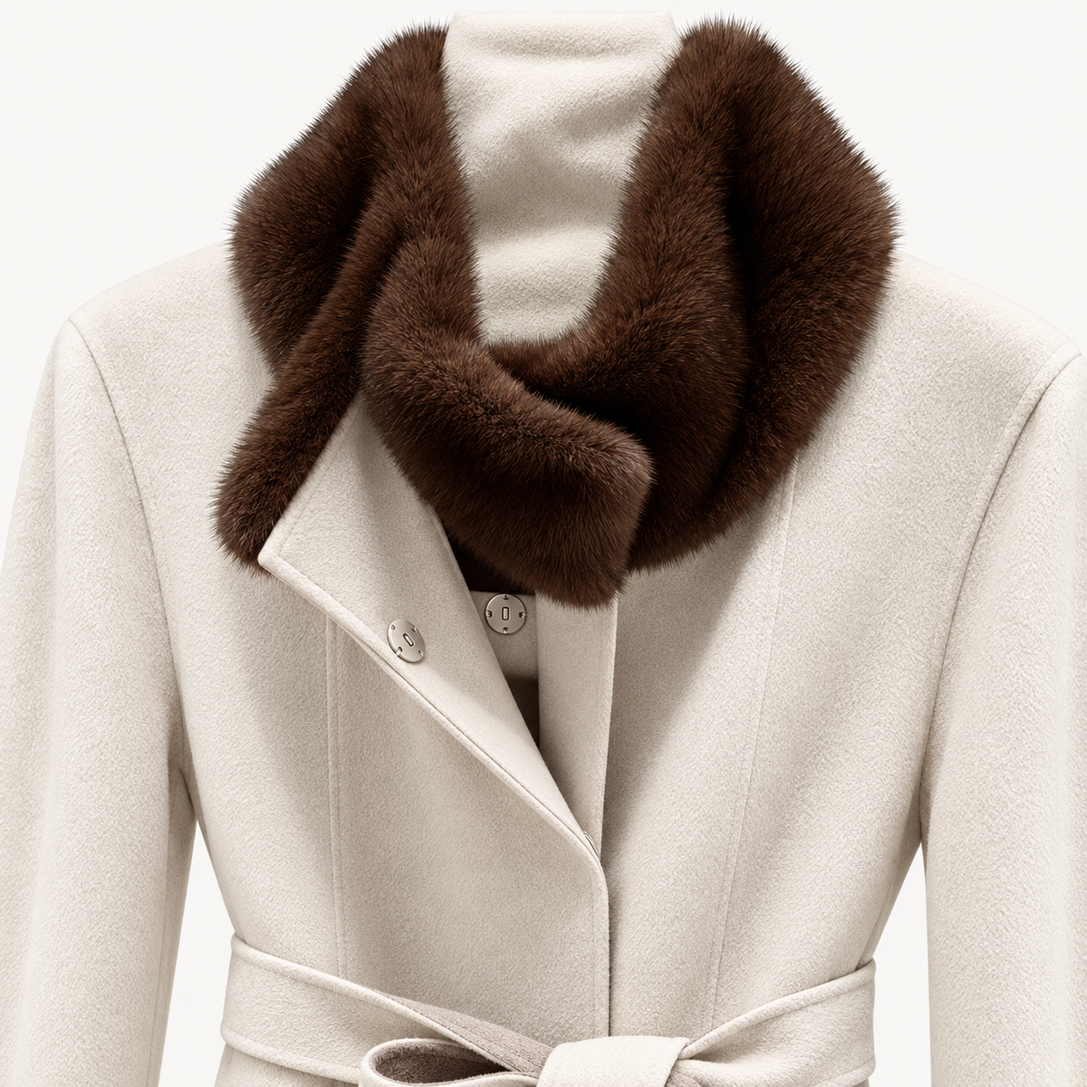 Ivory Mink Fur Collar Belted Long Coat